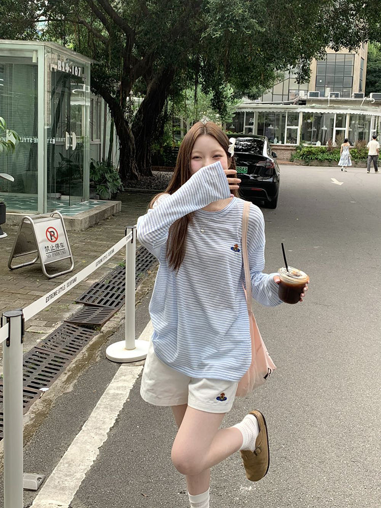 条纹长袖T恤女装夏季刺绣宽松中长款薄款罩衫外搭上衣短袖