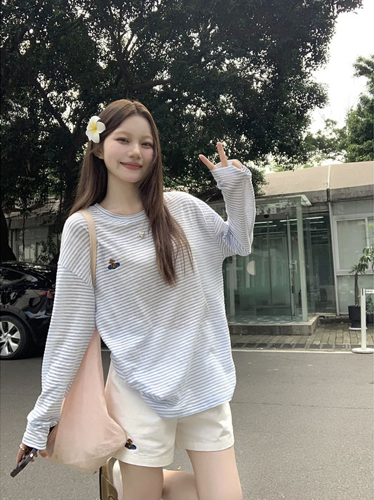 条纹长袖T恤女装夏季刺绣宽松中长款薄款罩衫外搭上衣短袖