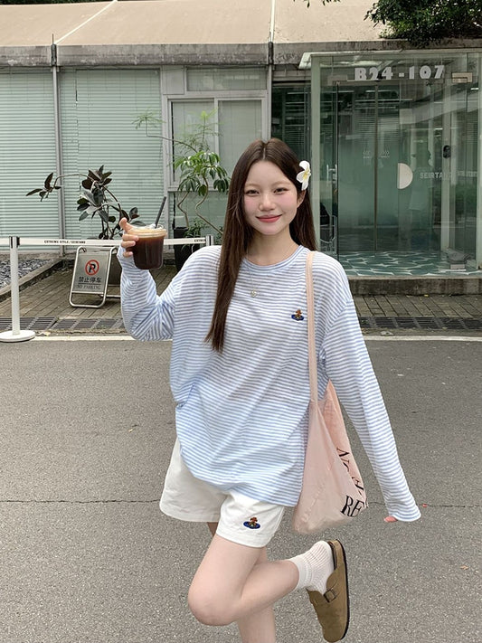 条纹长袖T恤女装夏季刺绣宽松中长款薄款罩衫外搭上衣短袖