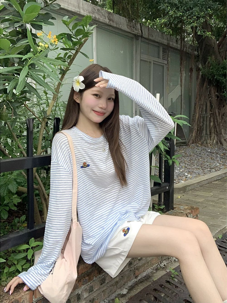 条纹长袖T恤女装夏季刺绣宽松中长款薄款罩衫外搭上衣短袖
